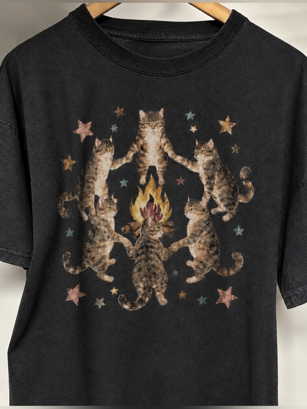 Gildan Black Tee with Tabby Cats Around Campfire Graphic